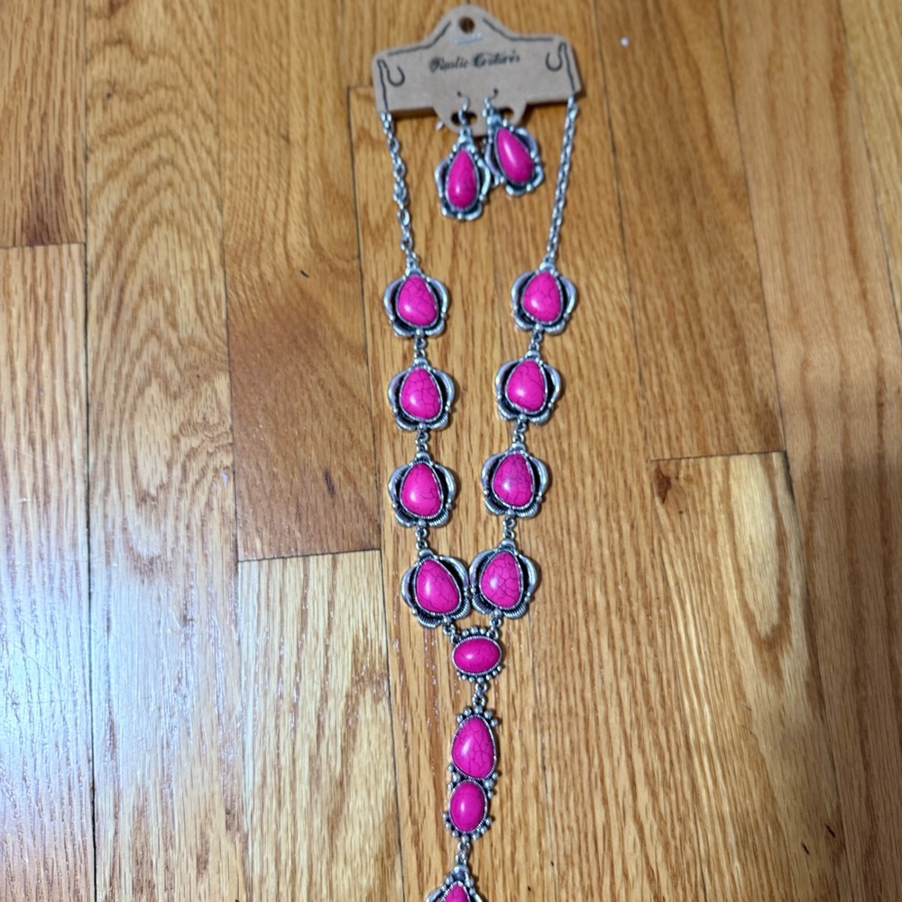 Rustic Cuff Pink Teardrop Necklace Set